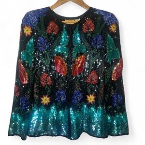 Vintage Abstract Silk‎ Beaded Sequin Evening Cocktail Jacket Scarlet Rage Small
